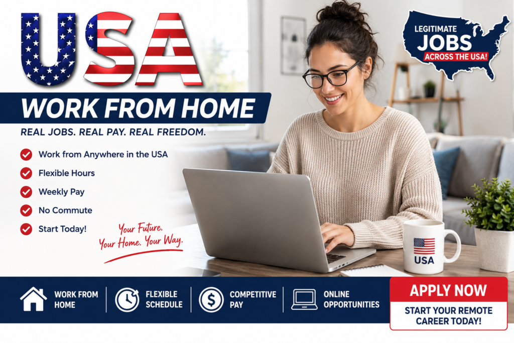 USA work from home jobs with a professional working remotely on a laptop in a home office, promoting remote job opportunities in the United States.